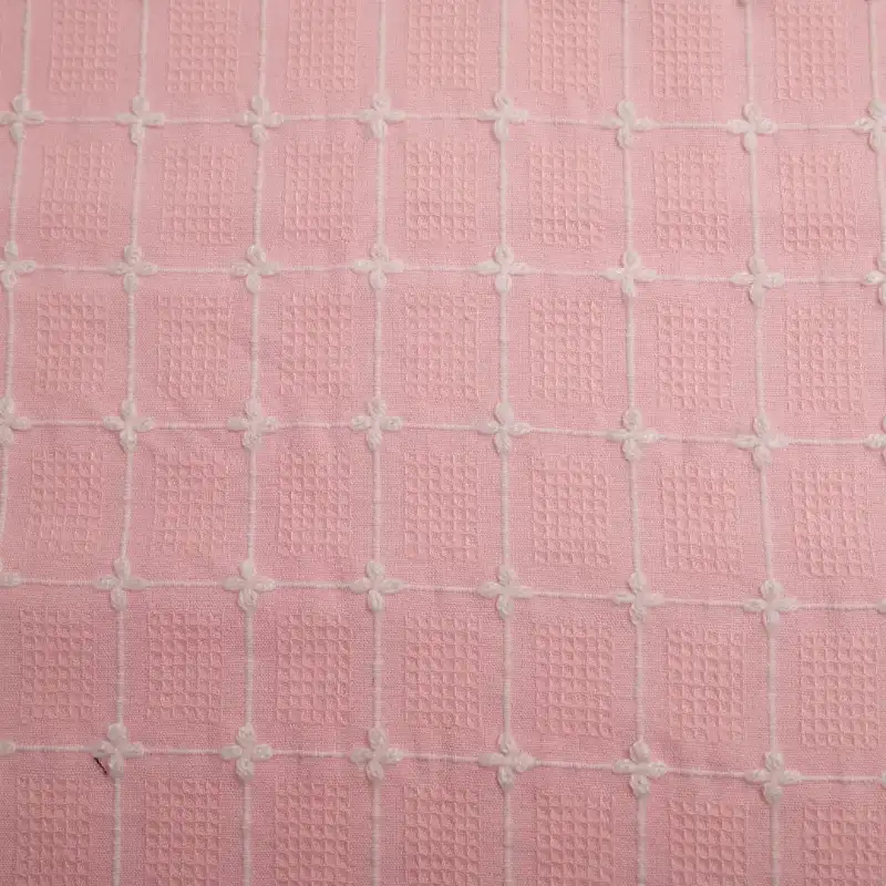 China Fabric for Blouse,Skirt,Shirt Long Sleeve Button (Sweater) CVC Jacquard Woven Blended Fabric Cotton Polyester Pink & White color buy from China wholesaler bulk order at wholesale price free worldwide shipping Alibaba