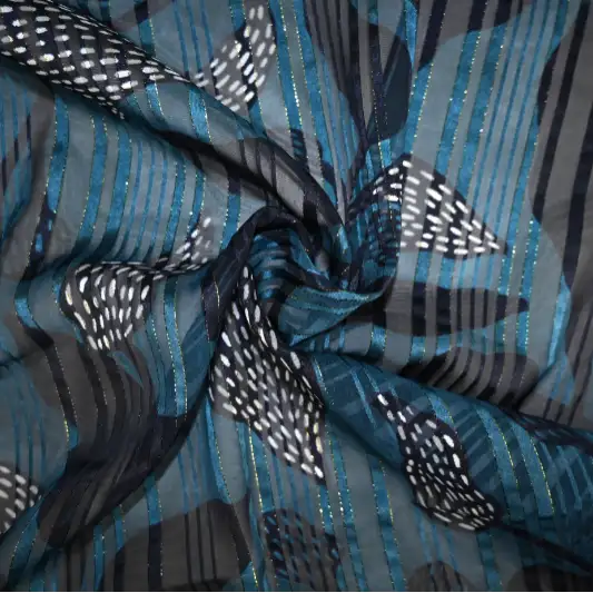 India Fabric for Blouse Polyester Lurex Stripe Print Synthetic Woven Fabric Polyester Lurex Blue Black Print color buy from India wholesaler bulk order at wholesale price free worldwide shipping Alibaba