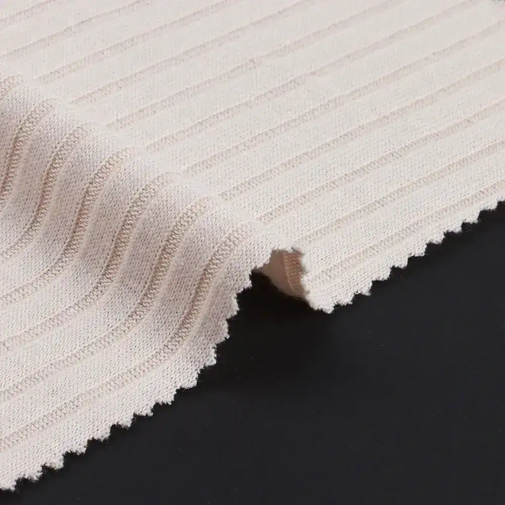 China Fabric for Tank Top,Crop Top,Hoodie Rib Knit Fabric Polyester Rayon Spandex Beige color buy from China wholesaler bulk order at wholesale price free worldwide shipping Alibaba