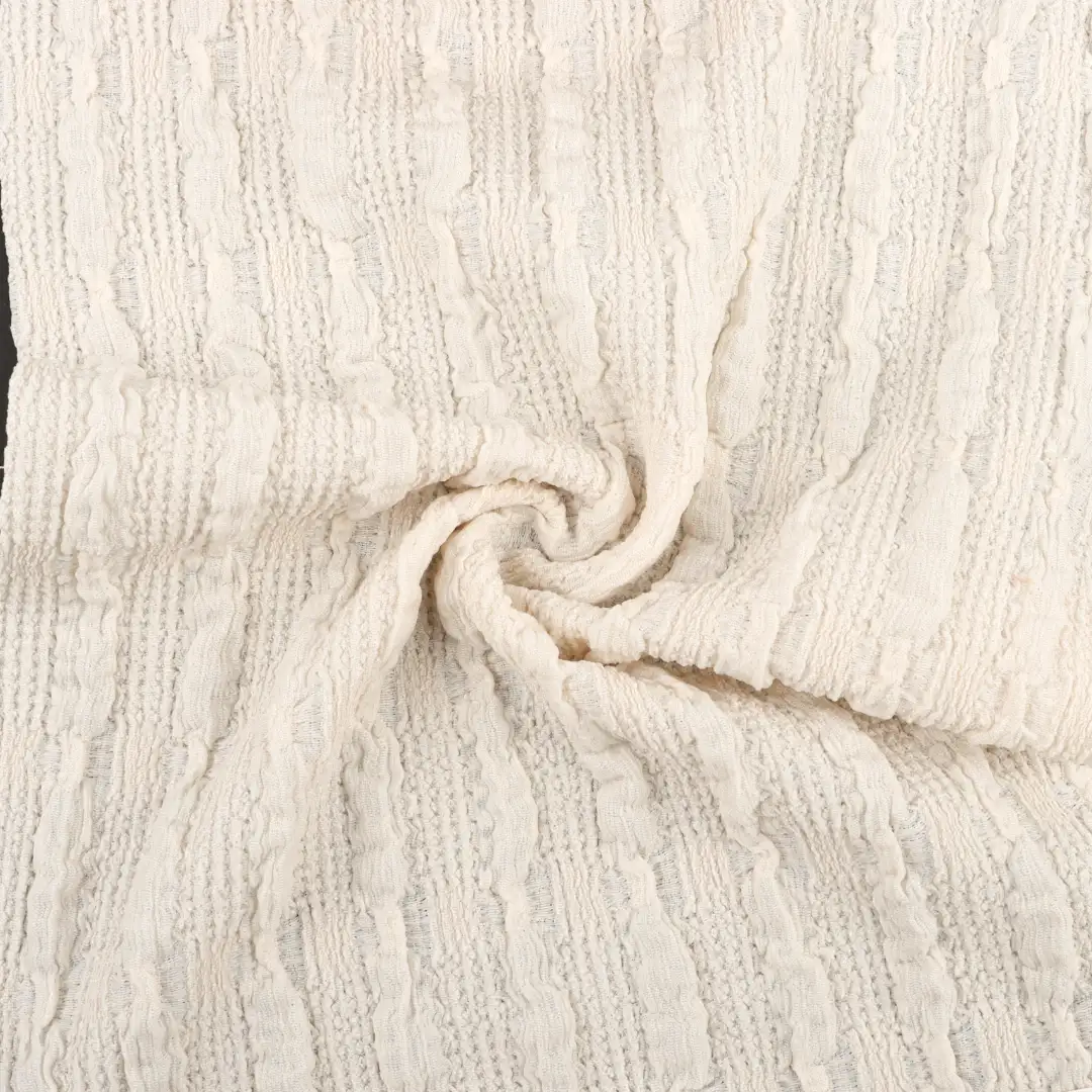 China Fabric for Skirt,Crop Top Pullover (Sweater),Ruched Cuffs Big Collar Top Jacquard Knit Fabric Polyester Spandex Beige color buy from China wholesaler bulk order at wholesale price free worldwide shipping Alibaba