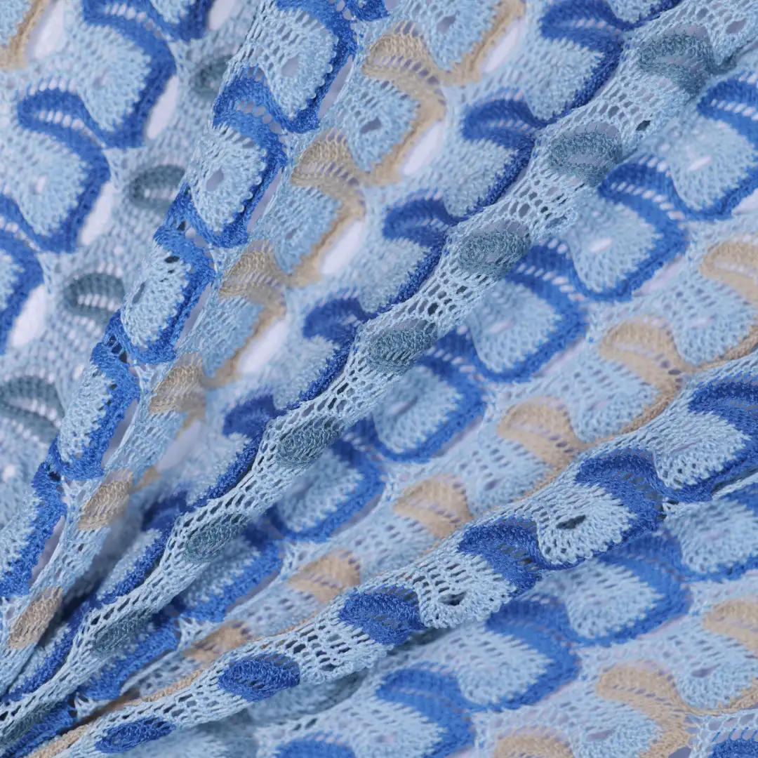 China Fabric for T-Shirt Lace Knit Fabric Polyester blue color buy from China wholesaler bulk order at wholesale price free worldwide shipping Alibaba