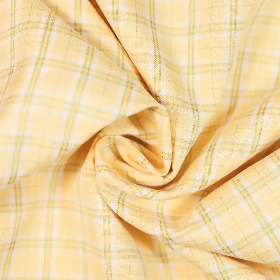 China Fabric for Shirt,Cropped V-Neck Shirt,Tier Midi Shirt Dress Yarn Dyed Check Woven Blended Fabric Polyester Rayon Spandex yellow color buy from China wholesaler bulk order at wholesale price free worldwide shipping Alibaba