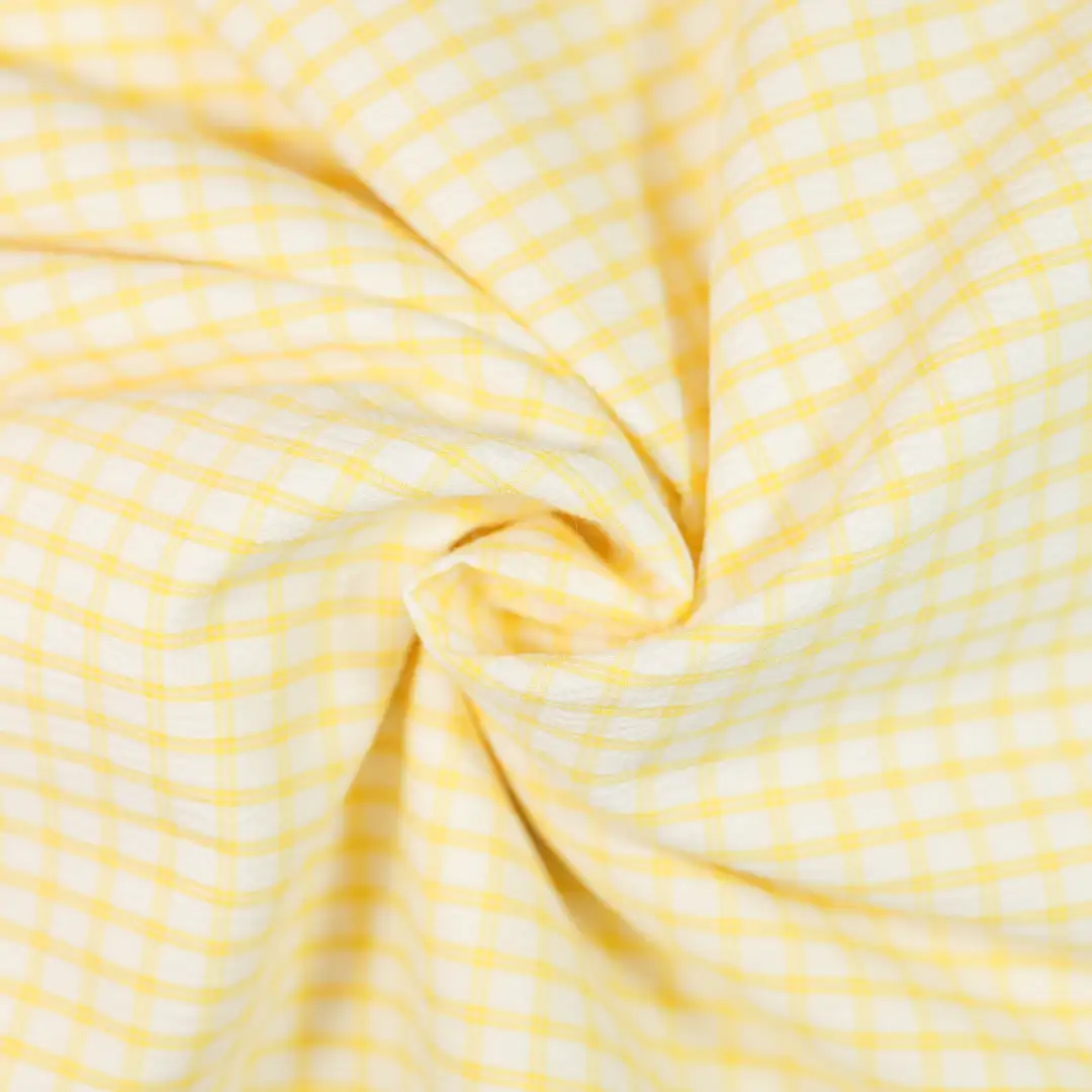 China Fabric for Shirt,French Ruffle Collar Shirt,V-Neck Short Sleeve Shirt V Yarn Dyed Check Woven Blended Fabric Polyester Cotton Spandex yellow color buy from China wholesaler bulk order at wholesale price free worldwide shipping Alibaba