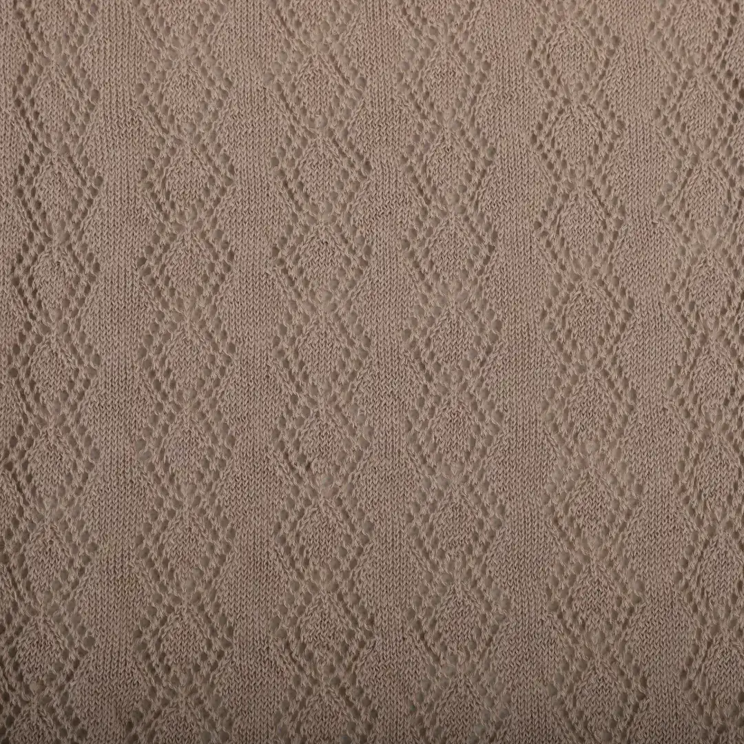 brown color yarn knitting swatch in diamond knitting pattern, yarn for knitting sweater, recycled polyester yarn, ring spun yarn, buy yarn in wholesale price.