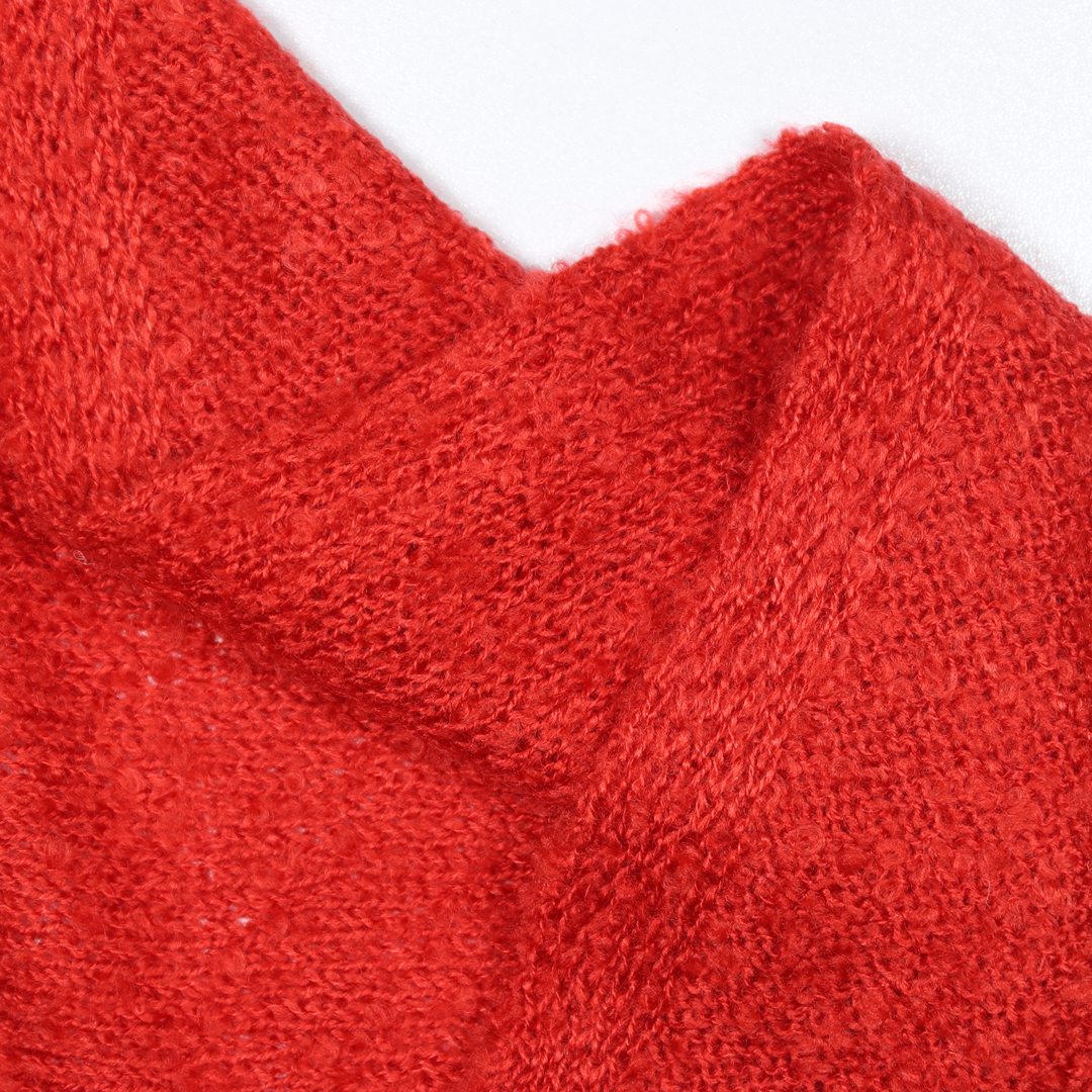 red yarn cone in white background, China yarn in 1/9s Nm yarn count, yarn for knitting sweater, fancy yarn, boucle yarn, acrylic yarn, wholesale price yarn, discount price yarn, red fancy yarn cone.