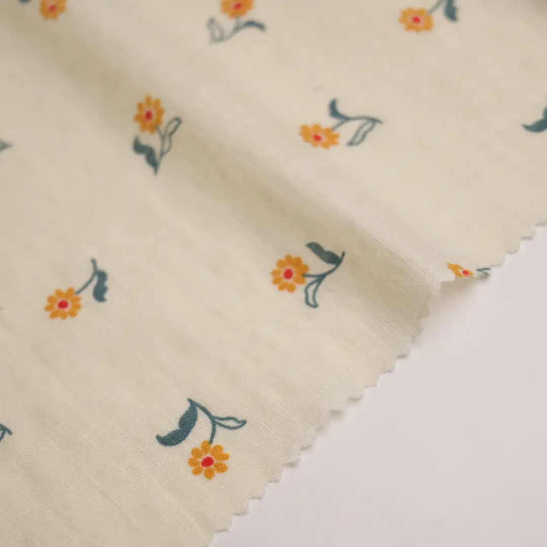 China Fabric for Blouse,Shirt Long Sleeve Button ,Dresses (Pullover)  Cotton Crepe Natural Woven Fabric Cotton Rayon Yellow Print color buy from China wholesaler bulk order at wholesale price free worldwide shipping Alibaba
