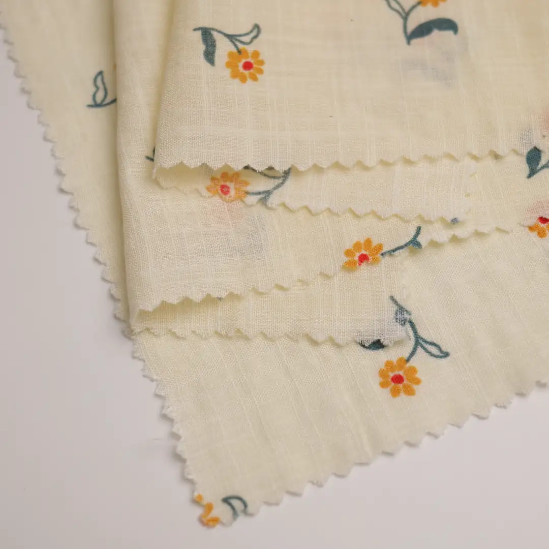 China Fabric for Blouse,Shirt Long Sleeve Button ,Dresses (Pullover)  Cotton Crepe Natural Woven Fabric Cotton Rayon Yellow Print color buy from China wholesaler bulk order at wholesale price free worldwide shipping Alibaba