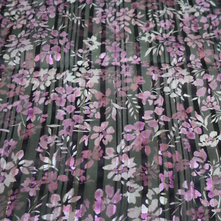 India Fabric for Blouse Polyester Lurex Stripe Print Synthetic Woven Fabric Polyester Lurex Flower Printed color buy from India wholesaler bulk order at wholesale price free worldwide shipping Alibaba