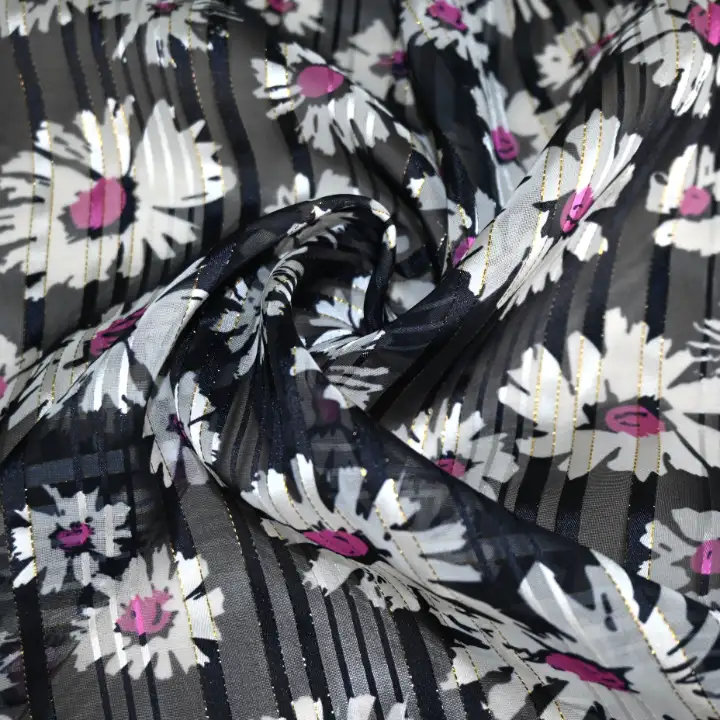 India Fabric for Blouse Polyester Lurex Stripe Print Synthetic Woven Fabric Polyester Lurex Sunflower Print color buy from India wholesaler bulk order at wholesale price free worldwide shipping Alibaba