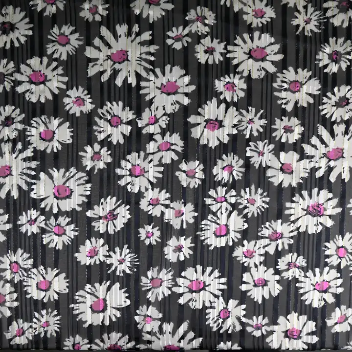 India Fabric for Blouse Polyester Lurex Stripe Print Synthetic Woven Fabric Polyester Lurex Sunflower Print color buy from India wholesaler bulk order at wholesale price free worldwide shipping Alibaba