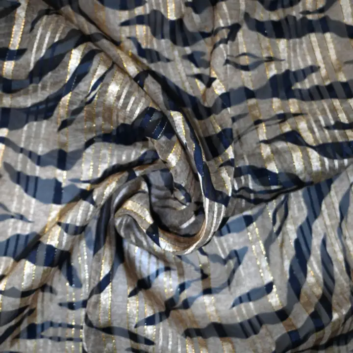 India Fabric for Blouse Polyester Lurex Stripe Print Synthetic Woven Fabric Polyester Lurex Beige Black Print color buy from India wholesaler bulk order at wholesale price free worldwide shipping Alibaba