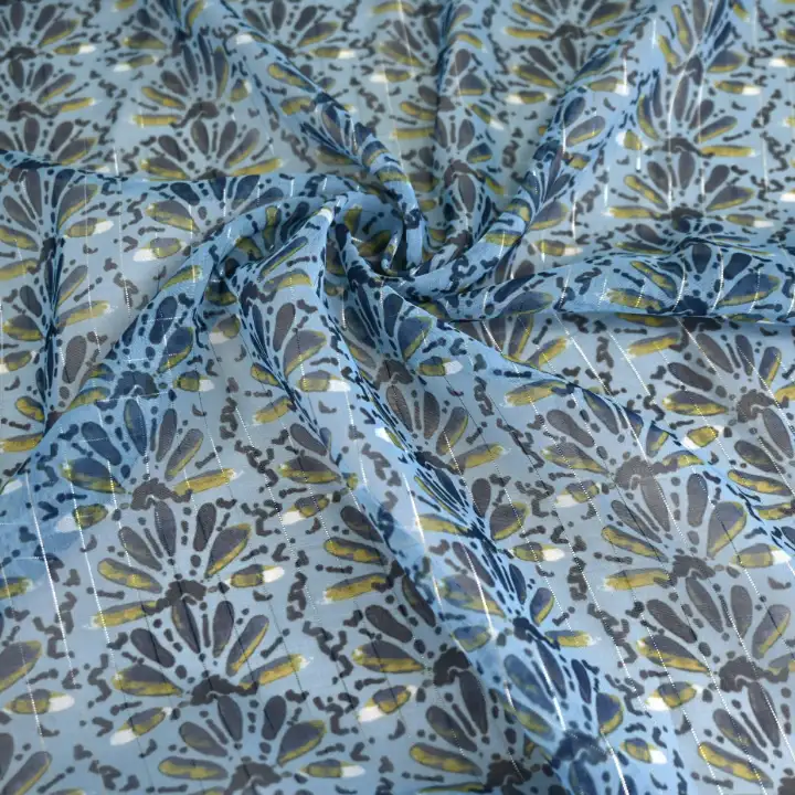 India Fabric for Blouse Polyester chiffon Synthetic Woven Fabric Polyester Lurex Light Blue Flower Print color buy from India wholesaler bulk order at wholesale price free worldwide shipping Alibaba