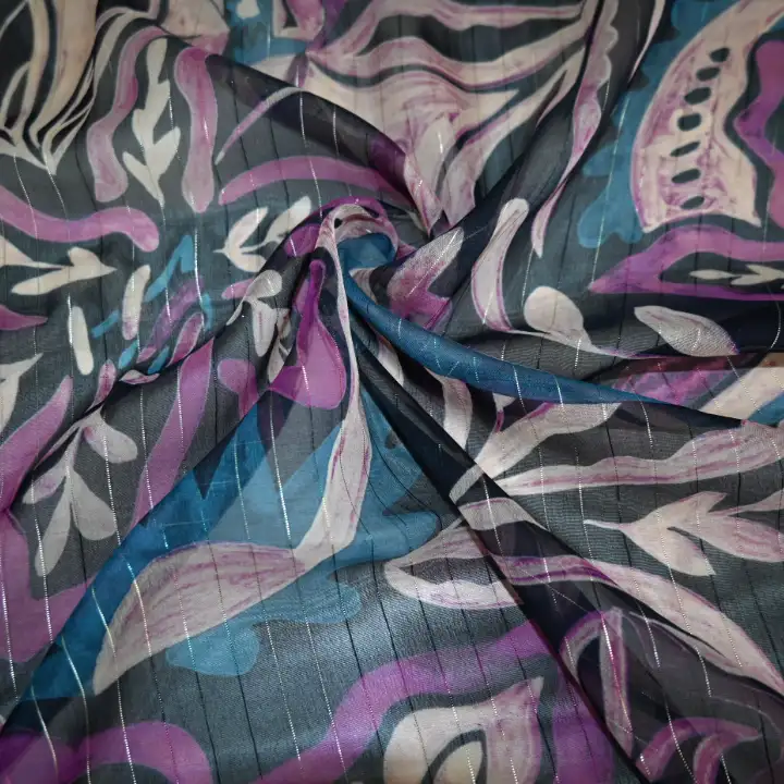 India Fabric for Blouse Polyester chiffon Synthetic Woven Fabric Polyester Lurex Purple Beige Print color buy from India wholesaler bulk order at wholesale price free worldwide shipping Alibaba