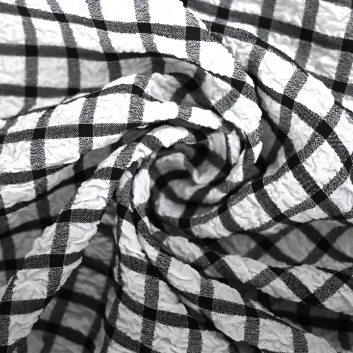 India Fabric for Shirt,Pants,Blouse Polyester Seersucker Synthetic Woven Fabric Polyester Black/White Check color buy from India wholesaler bulk order at wholesale price free worldwide shipping Alibaba