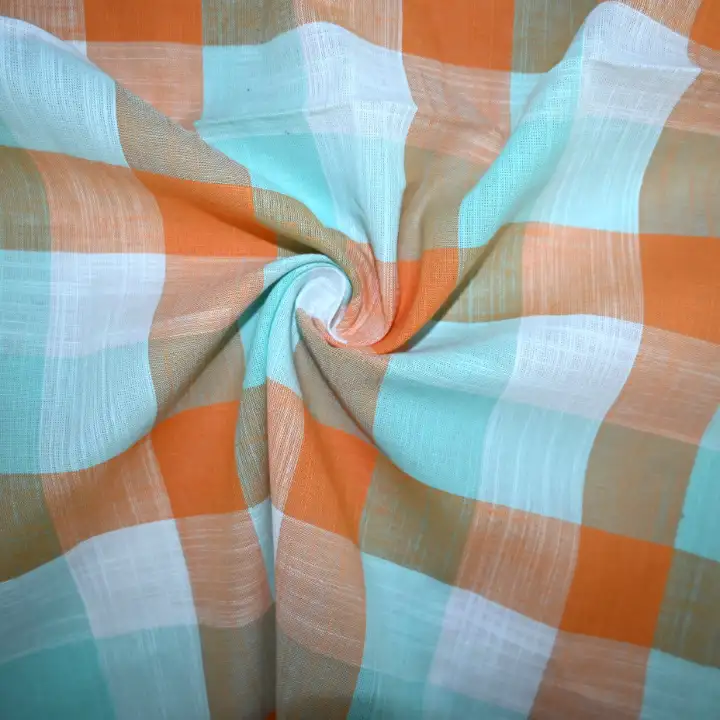 India Fabric for Shirt Cotton Slub Natural Woven Fabric Cotton Orange Light Green Check color buy from India wholesaler bulk order at wholesale price free worldwide shipping Alibaba