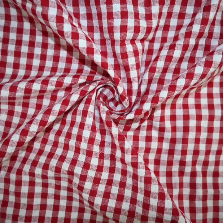India Fabric for Shirt Cotton Seersucker Natural Woven Fabric Cotton Red Check color buy from India wholesaler bulk order at wholesale price free worldwide shipping Alibaba
