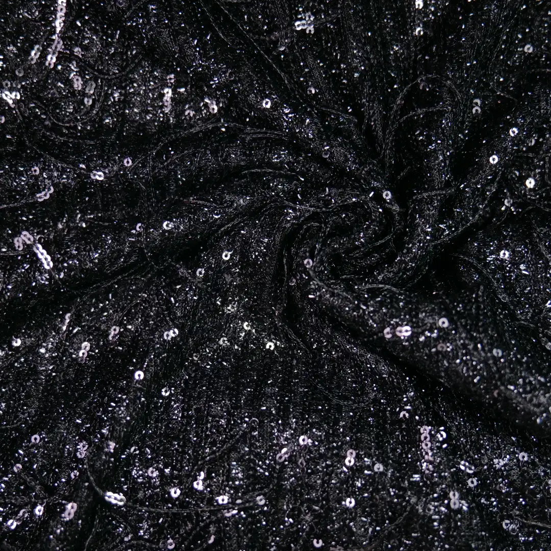 China Fabric for Skirt  Sequined Mesh Fabric Knit Fabric Polyester Spandex Black color buy from China wholesaler bulk order at wholesale price free worldwide shipping Alibaba