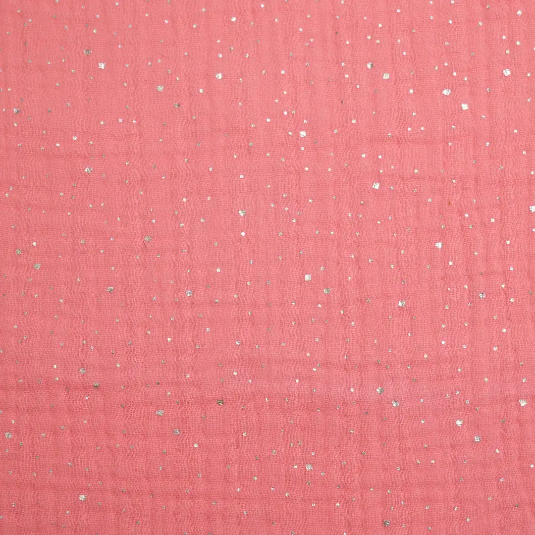 China Fabric for Over Shirt Cotton Double Layer Crepe Gauze Natural Woven Fabric Cotton Pink with Silver Print color buy from China wholesaler bulk order at wholesale price free worldwide shipping Alibaba