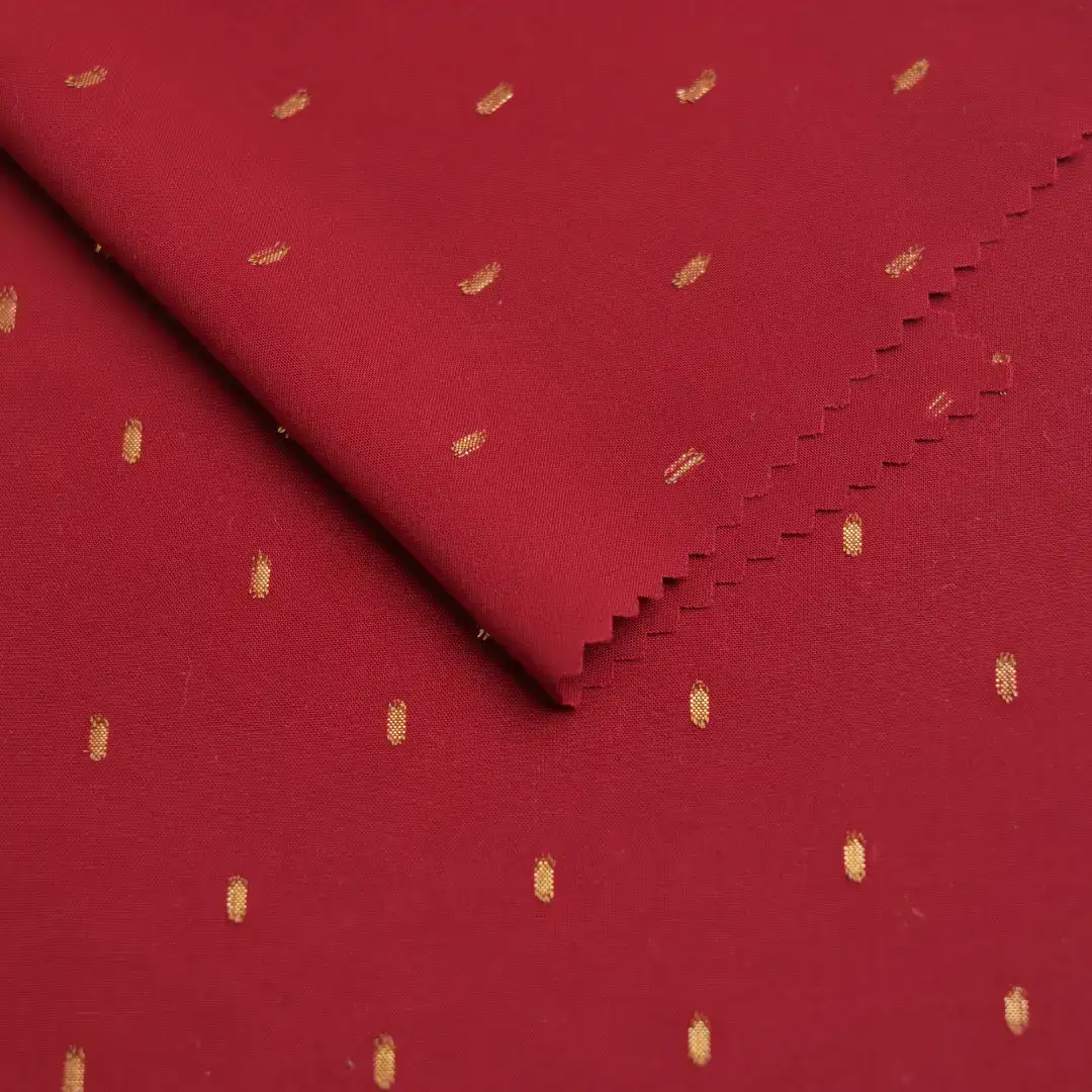 China Fabric for Shirt,Blouse,Skirt,Shirt Long Sleeve Button ,Over Shirt Rayon Jacquard Natural Woven Fabric Rayon Polyester Red With Gold Lurex color buy from China wholesaler bulk order at wholesale price free worldwide shipping Alibaba