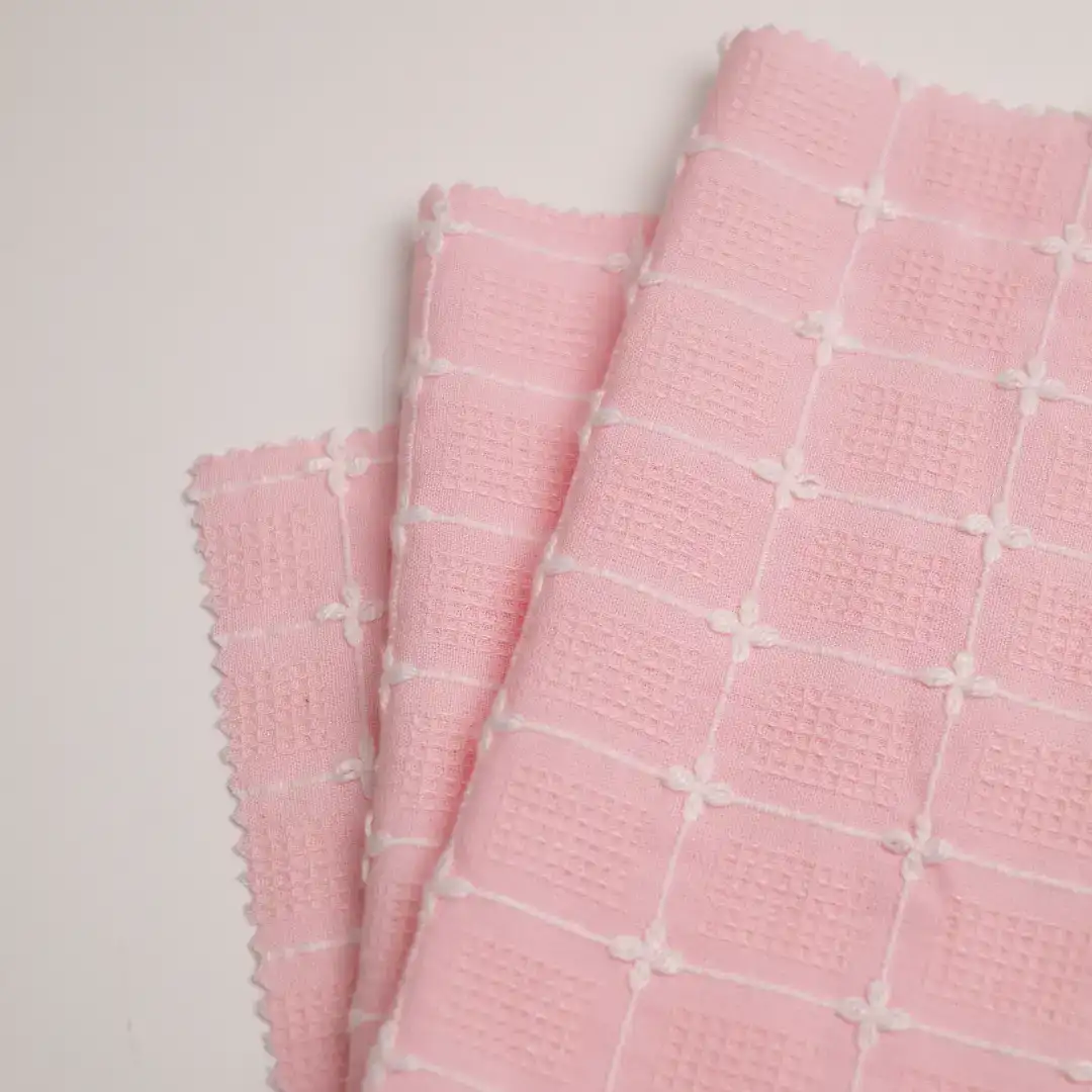 China Fabric for Blouse,Skirt,Shirt Long Sleeve Button  CVC Jacquard Woven Blended Fabric Cotton Polyester Pink & White color buy from China wholesaler bulk order at wholesale price free worldwide shipping Alibaba