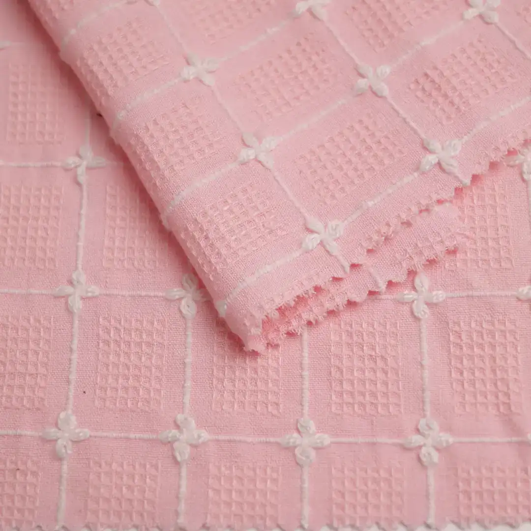 China Fabric for Blouse,Skirt,Shirt Long Sleeve Button  CVC Jacquard Woven Blended Fabric Cotton Polyester Pink & White color buy from China wholesaler bulk order at wholesale price free worldwide shipping Alibaba
