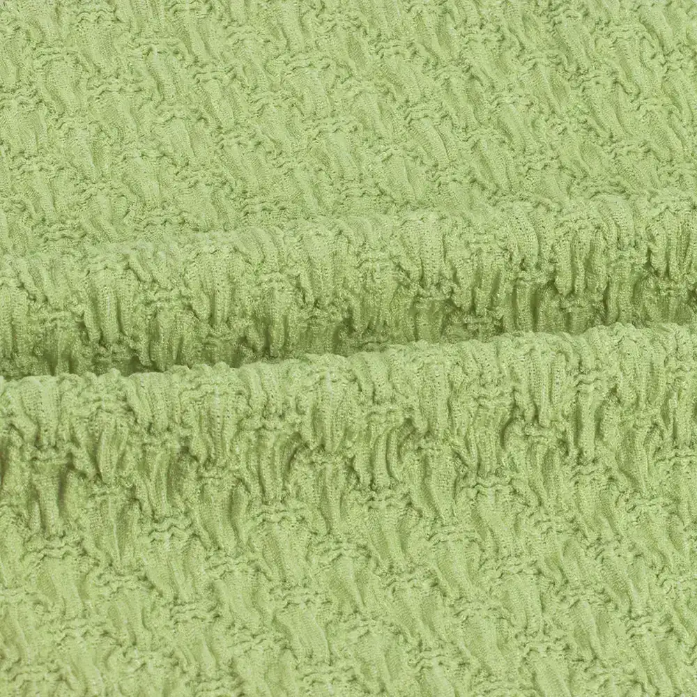 China Fabric for Blouse Weft Jacquard Knit Fabric Polyester Spandex Solid-Green color buy from China wholesaler bulk order at wholesale price free worldwide shipping Alibaba