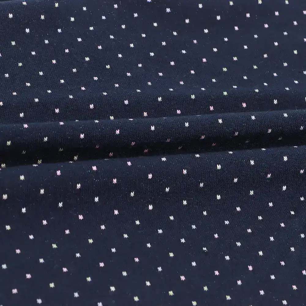 China Fabric for Blouse,Hoodie,Loungewear French Terry Knit Fabric Polyester Cotton Spandex Navy with Space dye dot color buy from China wholesaler bulk order at wholesale price free worldwide shipping Alibaba