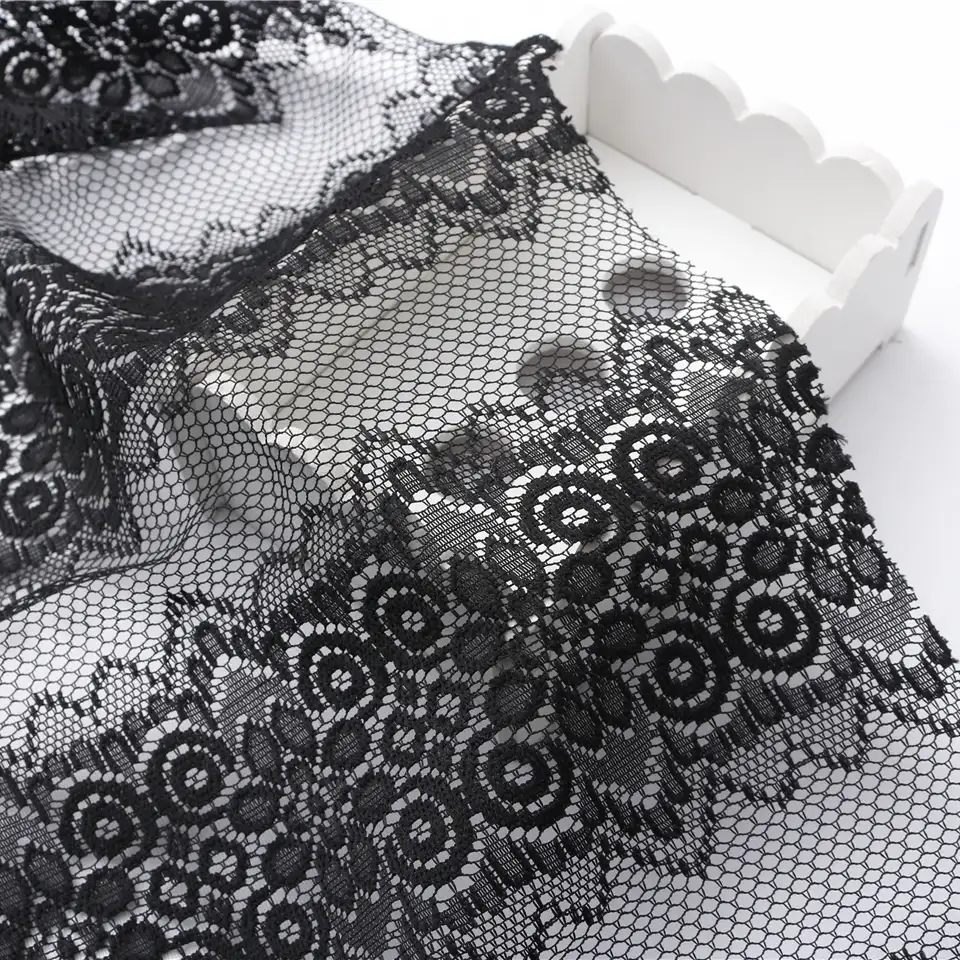 China Fabric for Blouse,Skirt,Dresses (Cardigan Open)  Lace Knit Fabric Polyester black color buy from China wholesaler bulk order at wholesale price free worldwide shipping Alibaba