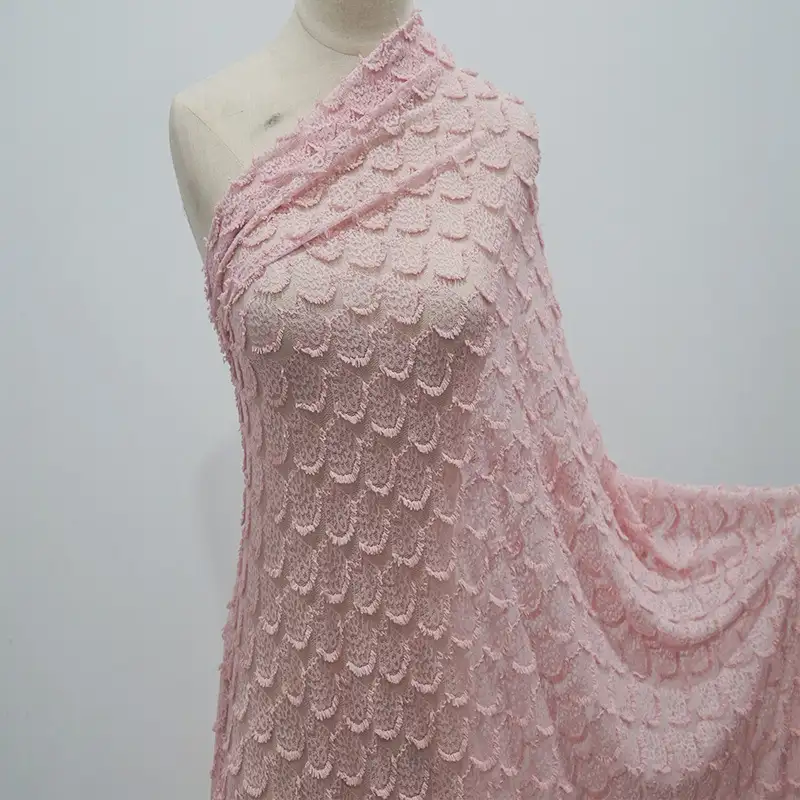 China Fabric for Blouse,Shirt Half Sleeve Button ,Dresses (Cardigan Button) ,Skirt  Lace Knit Fabric Nylon Spandex pink color buy from China wholesaler bulk order at wholesale price free worldwide shipping Alibaba