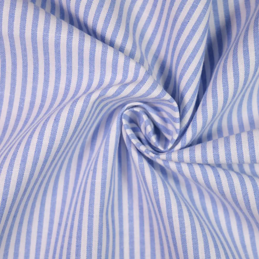 China Fabric for Shirt,Blouse,Crop Top,Skirt Yarn Dyed Stripe Woven Blended Fabric Cotton Polyester Rayon Blue color buy from China wholesaler bulk order at wholesale price free worldwide shipping Alibaba