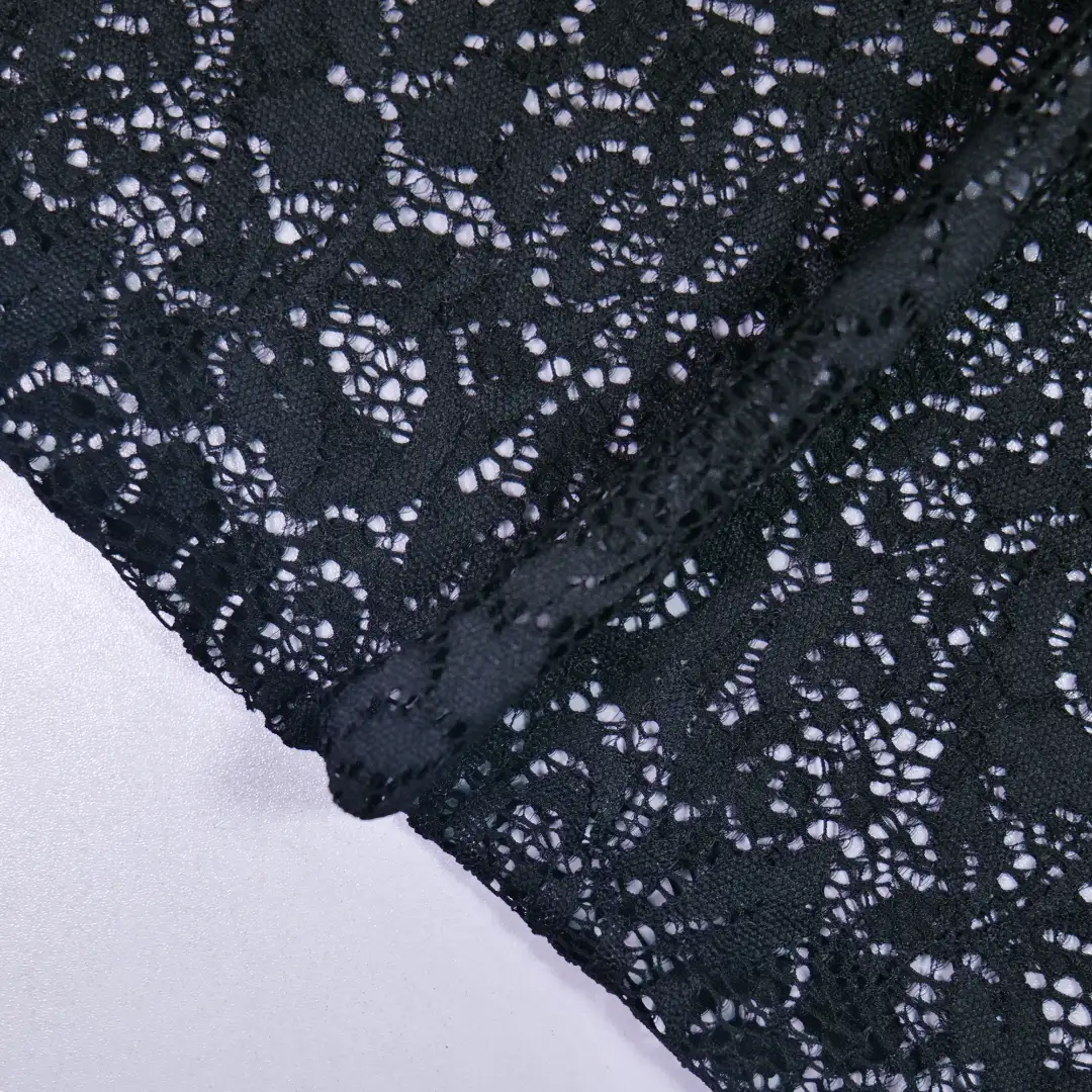 China Fabric for Skirt,Kids Lace Trim Dress,Lace-Up V-Neck Crop Top,Ladies Pleated Lace Shorts Lace Knit Fabric Nylon Spandex black color buy from China wholesaler bulk order at wholesale price free worldwide shipping Alibaba