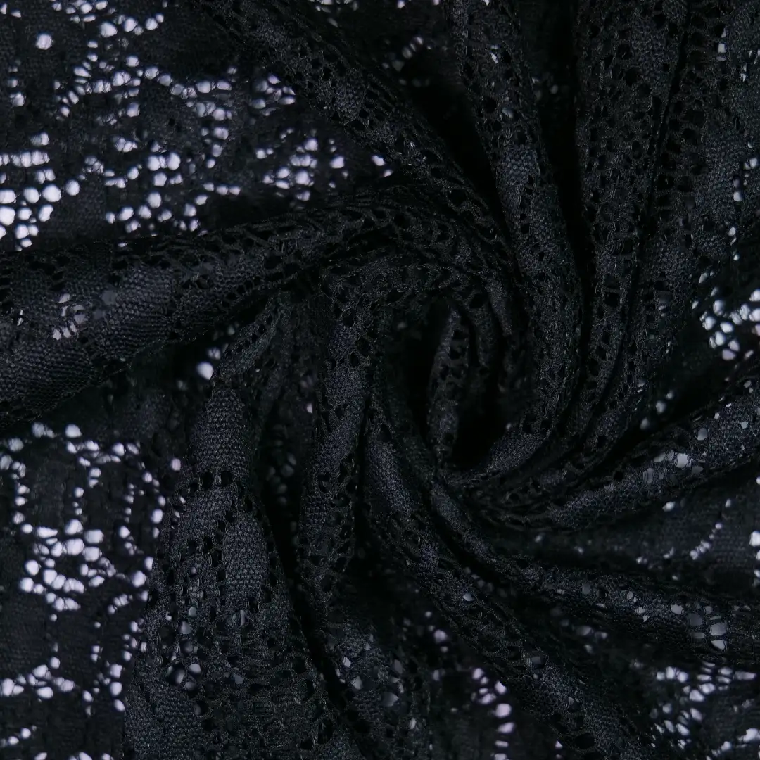 China Fabric for Skirt,Kids Lace Trim Dress,Lace-Up V-Neck Crop Top,Ladies Pleated Lace Shorts Lace Knit Fabric Nylon Spandex black color buy from China wholesaler bulk order at wholesale price free worldwide shipping Alibaba