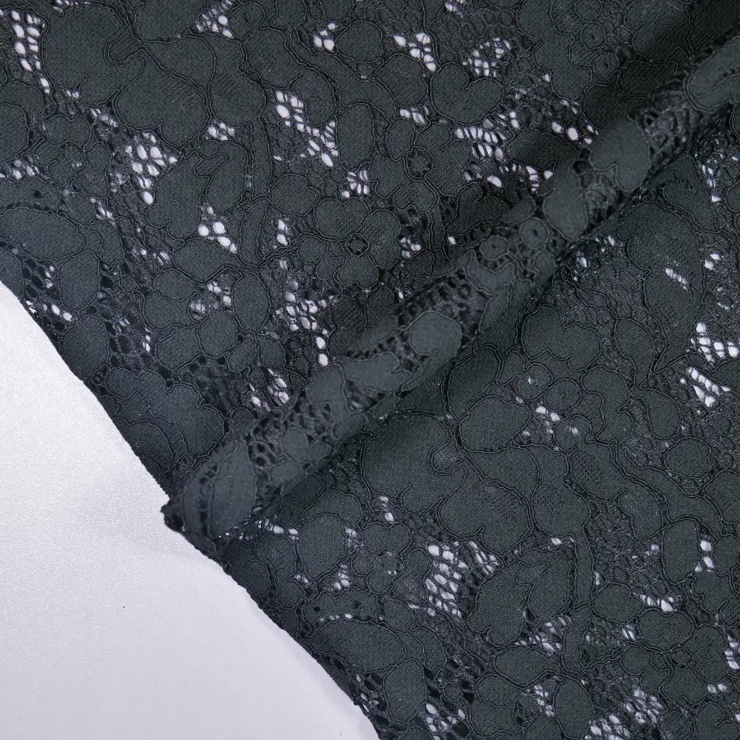 China Fabric for Gathered Strappy Mini Dress,Backless Beach Dress,Puffball Strappy Dress Lace Knit Fabric Cotton Nylon Rayon BLACK color buy from China wholesaler bulk order at wholesale price free worldwide shipping Alibaba