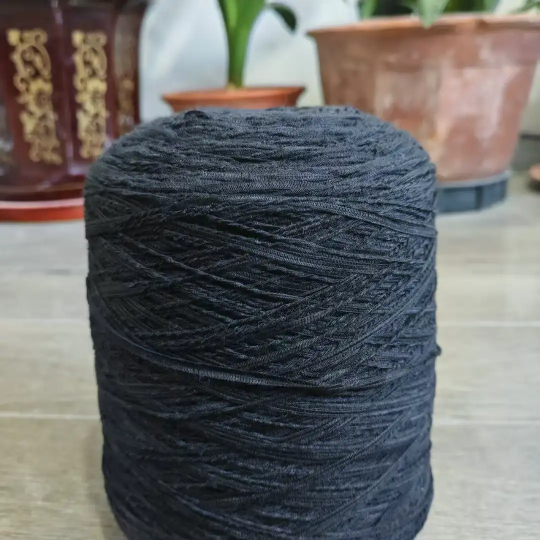China Yarn for Open Cardigan (Sweater),Full-Zipper Cardigan (Sweater),Half-Zipper Cardigan (Sweater) Flat Tape Yarn Fancy Yarn Polyester Recycled Spandex BLACK color buy from China wholesaler bulk order at wholesale price free worldwide shipping Alibaba