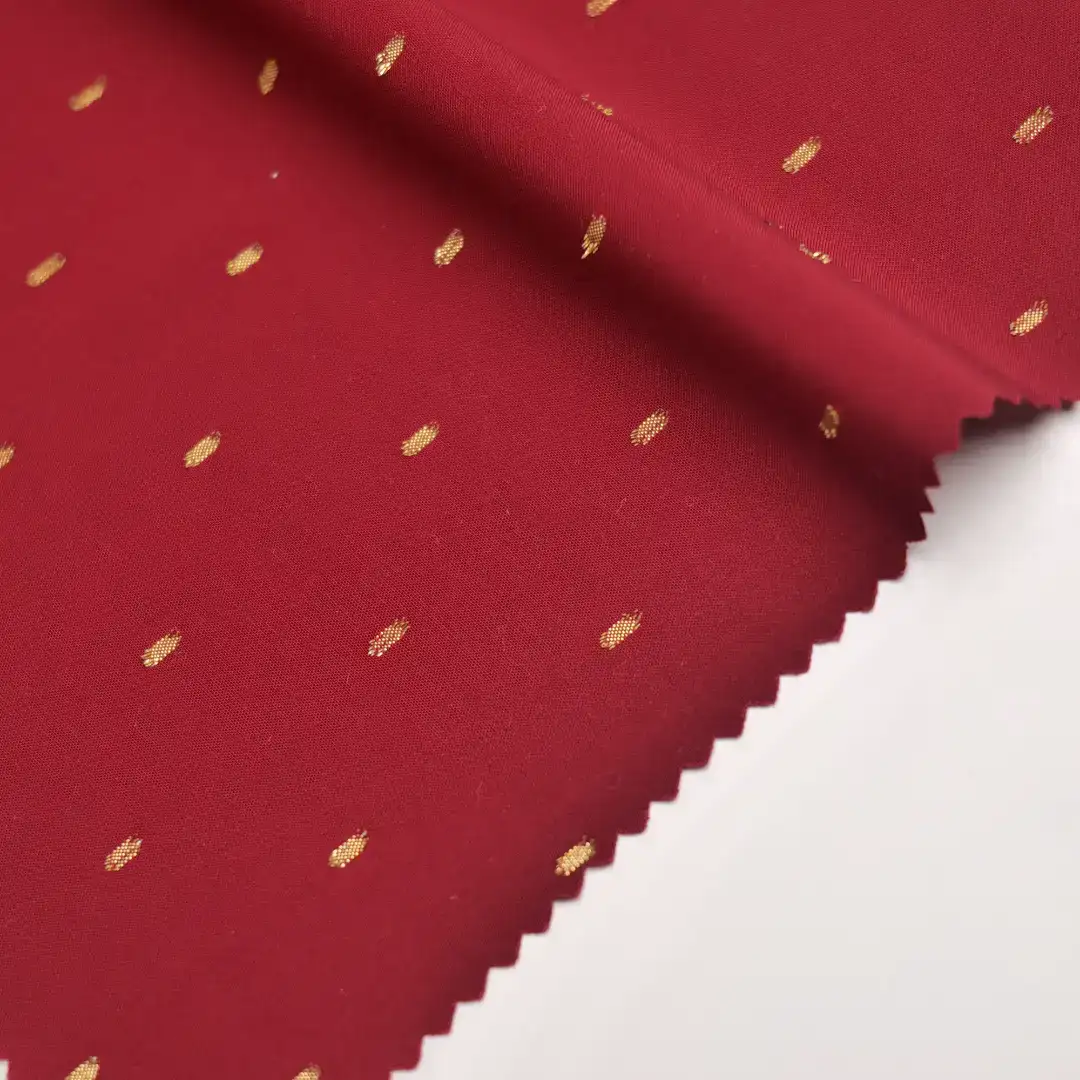 China Fabric for Shirt,Blouse,Skirt,Shirt Long Sleeve Button ,Over Shirt Rayon Jacquard Natural Woven Fabric Rayon Polyester Red With Gold Lurex color buy from China wholesaler bulk order at wholesale price free worldwide shipping Alibaba