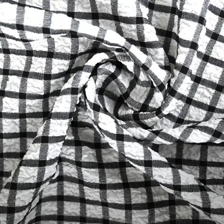 India Fabric for Shirt,Pants,Blouse Polyester Seersucker Synthetic Woven Fabric Polyester Black/White Check color buy from India wholesaler bulk order at wholesale price free worldwide shipping Alibaba