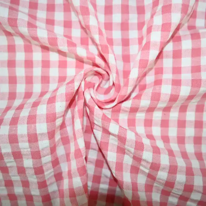 India Fabric for Shirt,Blouse,Crop Top Cotton Seersucker Natural Woven Fabric Cotton Pink Check color buy from India wholesaler bulk order at wholesale price free worldwide shipping Alibaba
