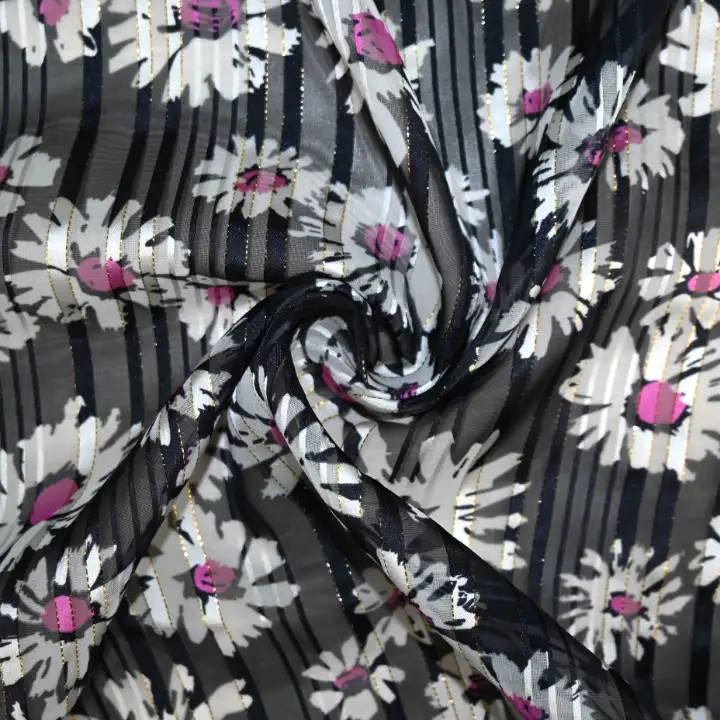 India Fabric for Blouse Polyester Lurex Stripe Print Synthetic Woven Fabric Polyester Lurex Sunflower Print color buy from India wholesaler bulk order at wholesale price free worldwide shipping Alibaba