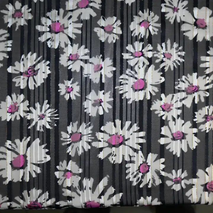 India Fabric for Blouse Polyester Lurex Stripe Print Synthetic Woven Fabric Polyester Lurex Sunflower Print color buy from India wholesaler bulk order at wholesale price free worldwide shipping Alibaba