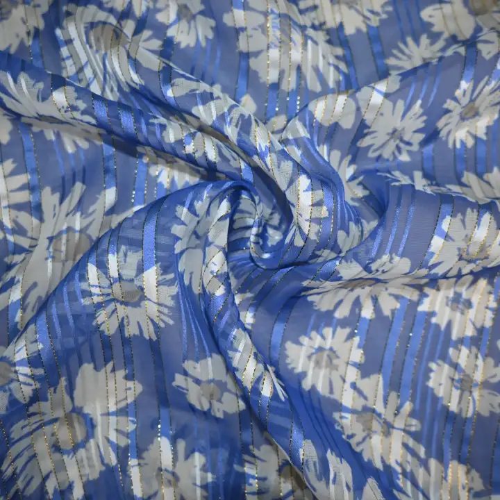 India Fabric for Blouse Polyester Lurex Stripe Print Synthetic Woven Fabric Polyester Lurex Blue Sunflower Print color buy from India wholesaler bulk order at wholesale price free worldwide shipping Alibaba