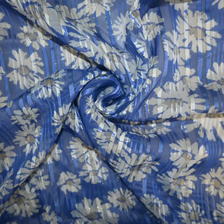 India Fabric for Blouse Polyester Lurex Stripe Print Synthetic Woven Fabric Polyester Lurex Blue Sunflower Print color buy from India wholesaler bulk order at wholesale price free worldwide shipping Alibaba