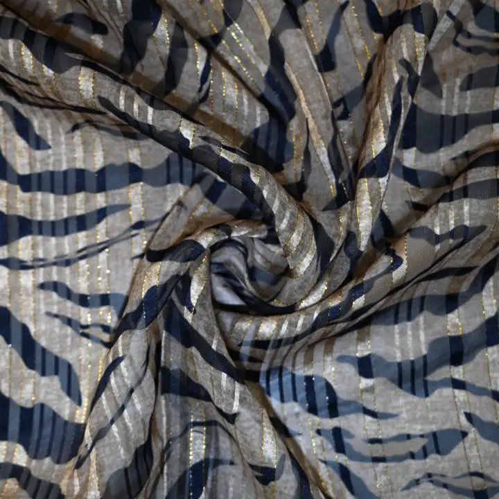 India Fabric for Blouse Polyester Lurex Stripe Print Synthetic Woven Fabric Polyester Lurex Beige Black Print color buy from India wholesaler bulk order at wholesale price free worldwide shipping Alibaba