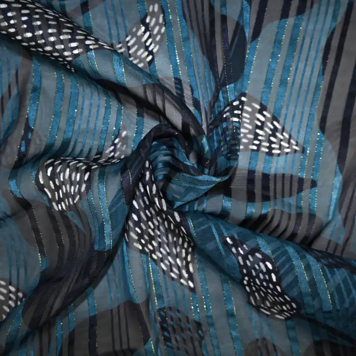 India Fabric for Blouse Polyester Lurex Stripe Print Synthetic Woven Fabric Polyester Lurex Blue Black Print color buy from India wholesaler bulk order at wholesale price free worldwide shipping Alibaba
