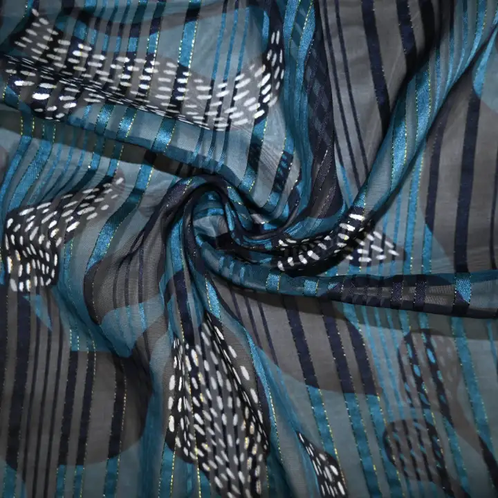 India Fabric for Blouse Polyester Lurex Stripe Print Synthetic Woven Fabric Polyester Lurex Blue Black Print color buy from India wholesaler bulk order at wholesale price free worldwide shipping Alibaba