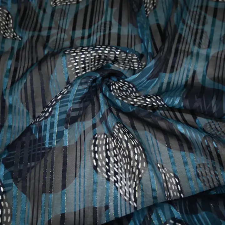 India Fabric for Blouse Polyester Lurex Stripe Print Synthetic Woven Fabric Polyester Lurex Blue Black Print color buy from India wholesaler bulk order at wholesale price free worldwide shipping Alibaba
