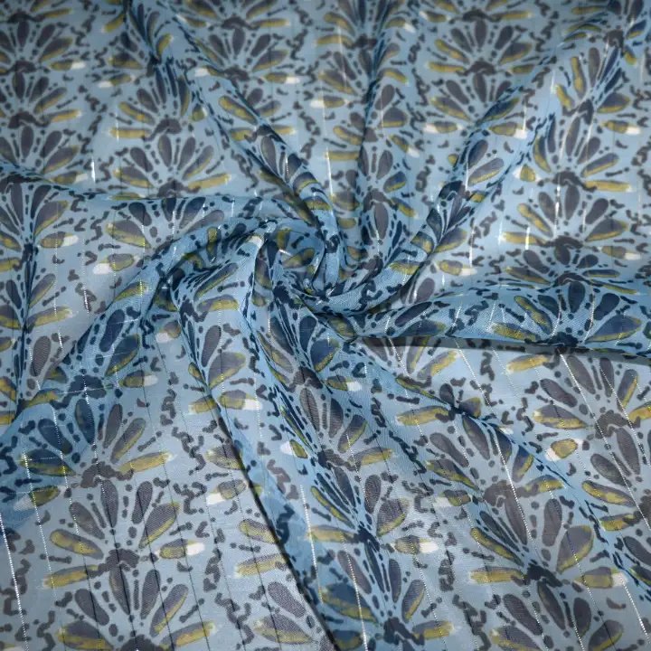 India Fabric for Blouse Polyester chiffon Synthetic Woven Fabric Polyester Lurex Light Blue Flower Print color buy from India wholesaler bulk order at wholesale price free worldwide shipping Alibaba