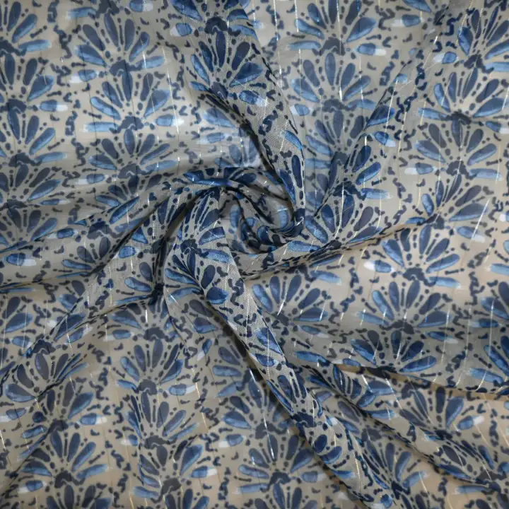 India Fabric for Blouse Polyester chiffon Synthetic Woven Fabric Polyester Lurex Beige Flower Print color buy from India wholesaler bulk order at wholesale price free worldwide shipping Alibaba