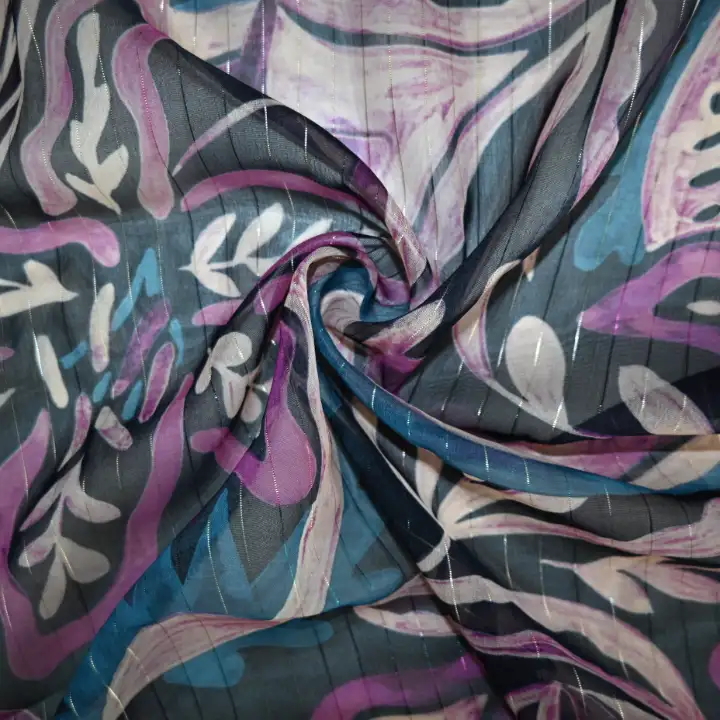 India Fabric for Blouse Polyester chiffon Synthetic Woven Fabric Polyester Lurex Purple Beige Print color buy from India wholesaler bulk order at wholesale price free worldwide shipping Alibaba