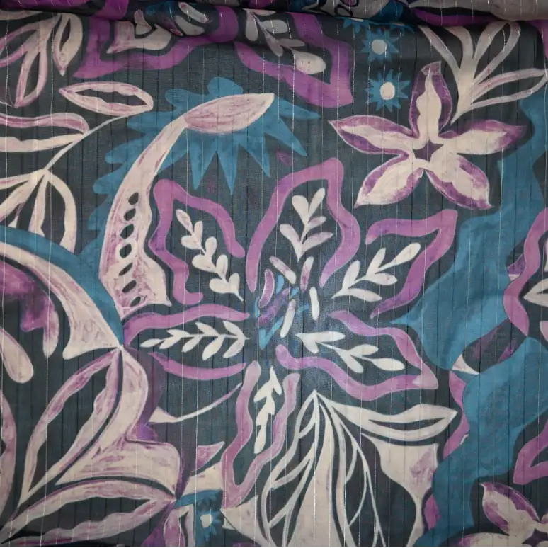 India Fabric for Blouse Polyester chiffon Synthetic Woven Fabric Polyester Lurex Purple Beige Print color buy from India wholesaler bulk order at wholesale price free worldwide shipping Alibaba
