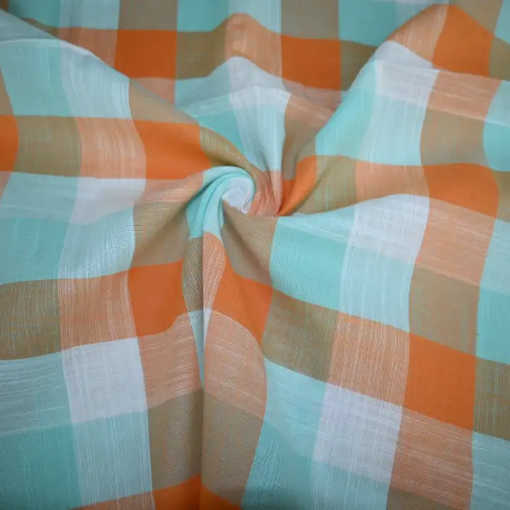India Fabric for Shirt Cotton Slub Natural Woven Fabric Cotton Orange Light Green Check color buy from India wholesaler bulk order at wholesale price free worldwide shipping Alibaba